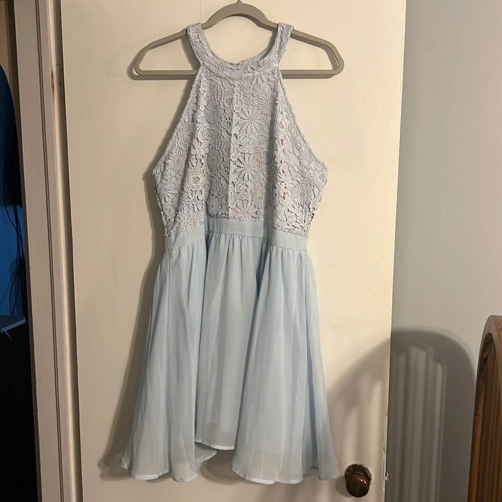 LuLu’s Short Powder Blue Dress, lace, worn once Like new, high neck, zipper back